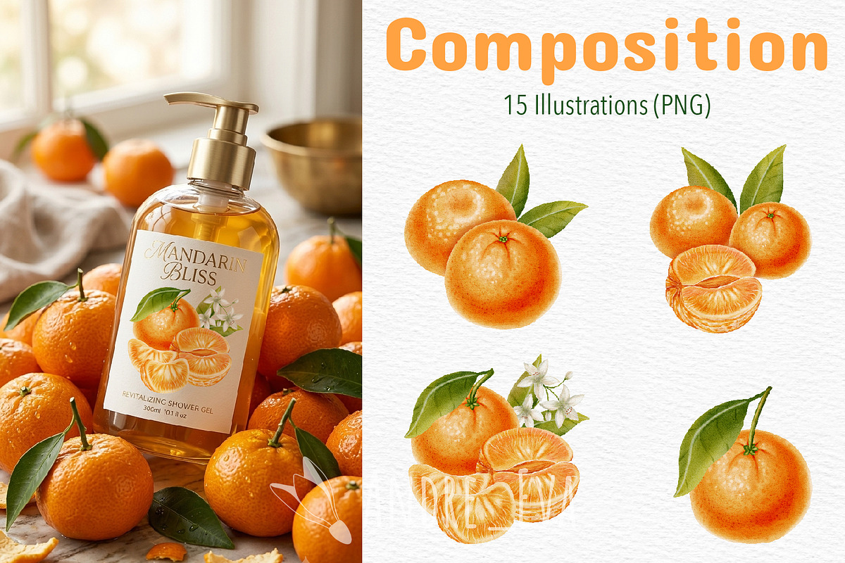 Tangerines — Watercolor Illustration, a Food Illustration by Andre_Eva (Photo 3 of 11)