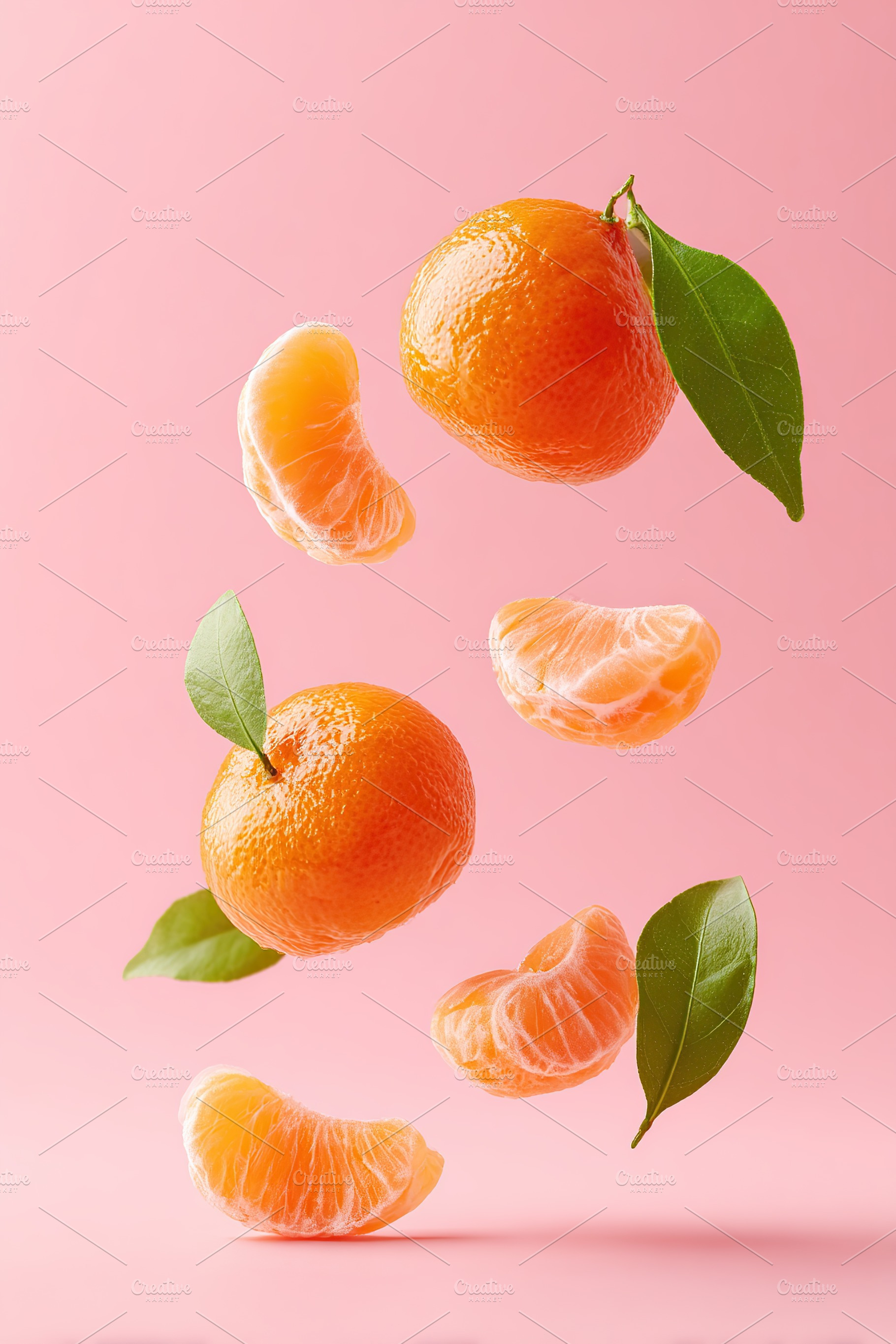 Peeled mandarin wedges and whole fruit suspended against a pink background, a Food & Drink Photo by AlyaAnd