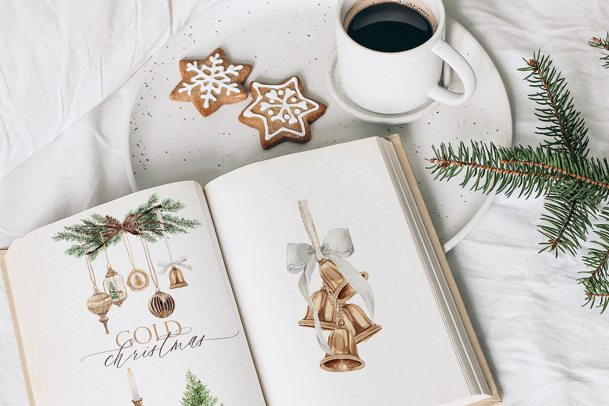 Gold Christmas Watercolor Clipart, a Decorative Illustration by Beigetime (Photo 6 of 18)