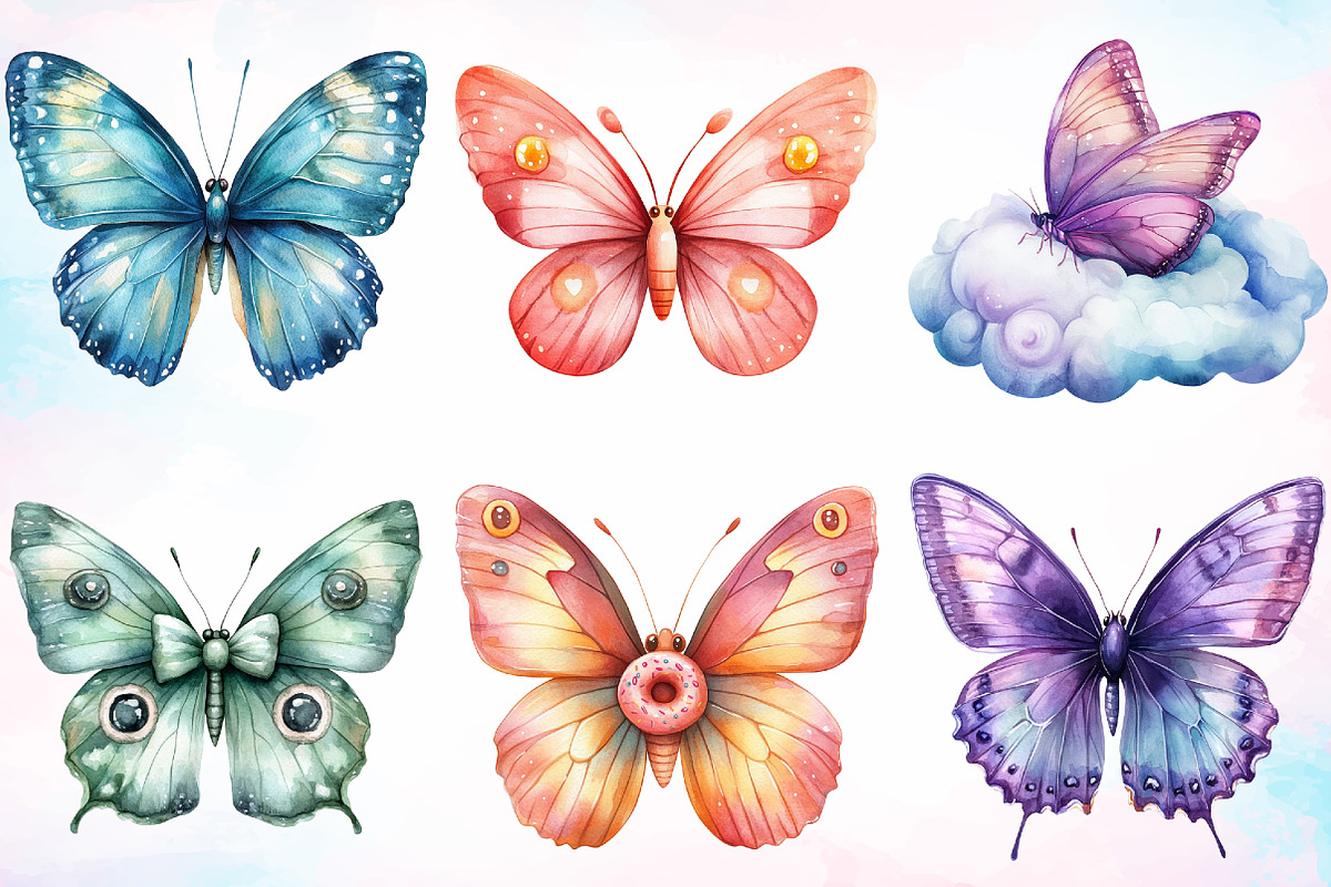 Watercolor Kawaii Butterfly Clipart, an Animal Illustration by Canvas Craft (Photo 4 of 4)