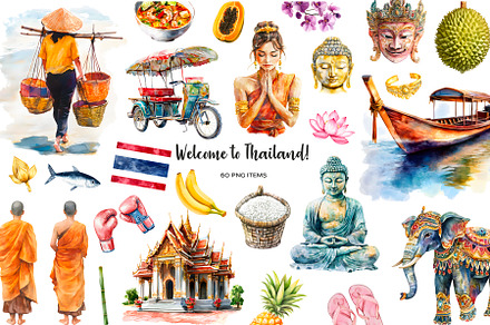 Watercolor Thailand clipart 60 PNG, an Object Illustration by Art and Funny