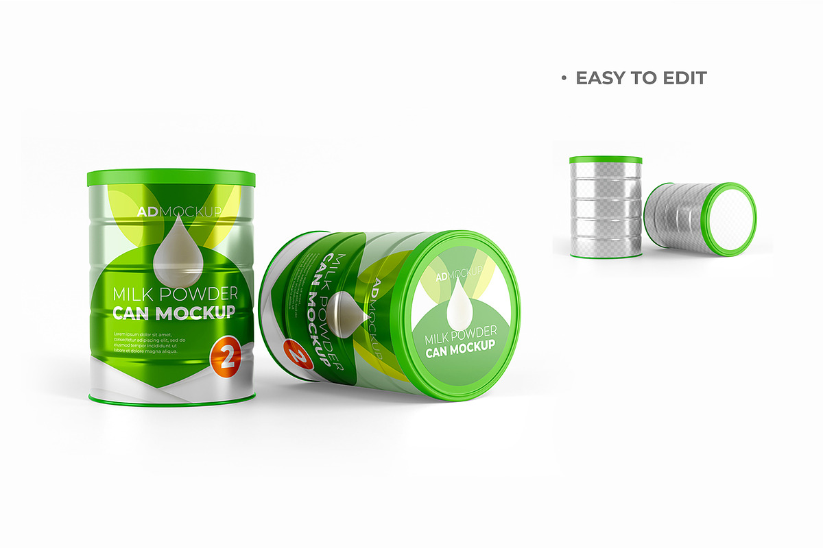 Milk Powder Tin Can Mockup – 8 PSD, a Packaging Mockup by Adstart (Photo 3 of 8)