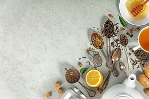 Assorted Herbal Tea Ingredients with Copy Space on Stone Backgro, a Food & Drink Photo by Natalia Klenova's Shop