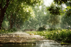 Rain falling on green grass and path, a Photo by Pixeness Studio