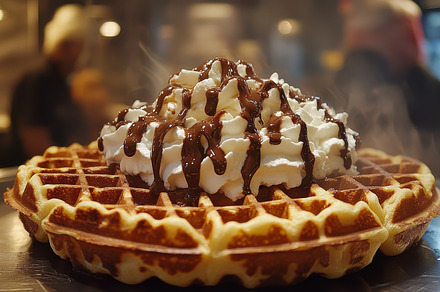 Waffle Stack: Golden waffle topped w, a Background Photo by Pixeness