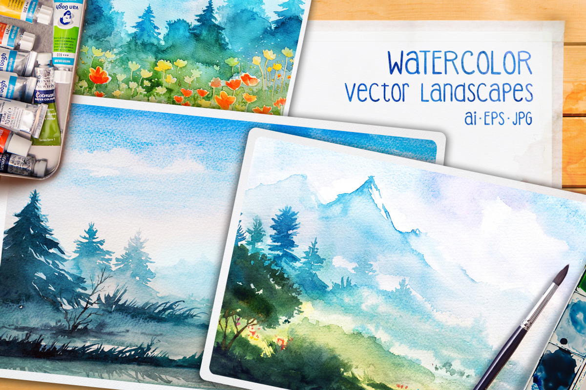 Watercolor Vector Landscapes set#2, an Illustration by AlexGreenArt (Photo 1 of 10)