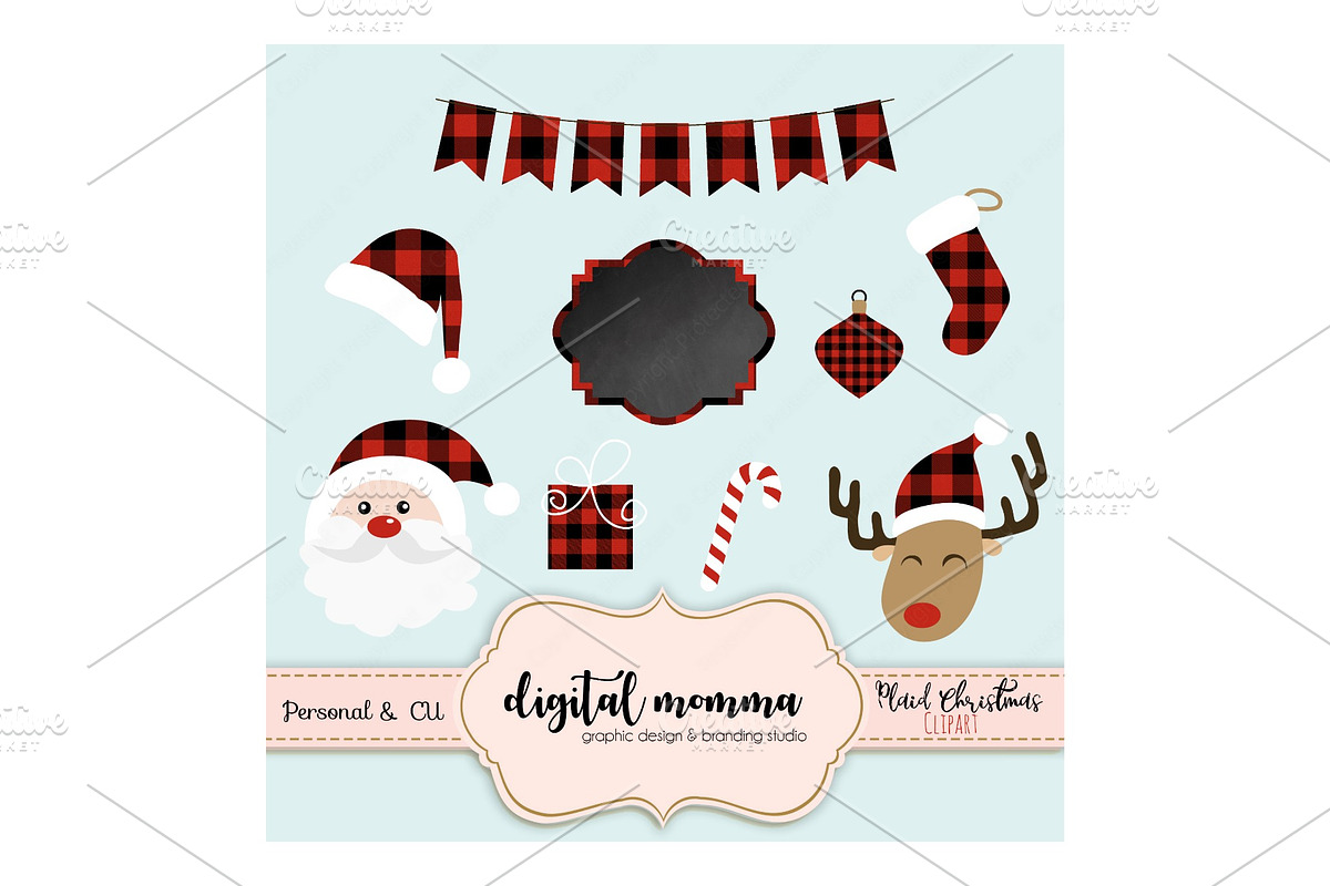 Buffalo Plaid Christmas Clipart Set, an Illustration by Digital Momma