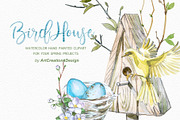 Watercolor Birdhouse Clipart Set, a Seasonal Illustration by ArtCreationsDesign (Thumbnail 1 of 12)