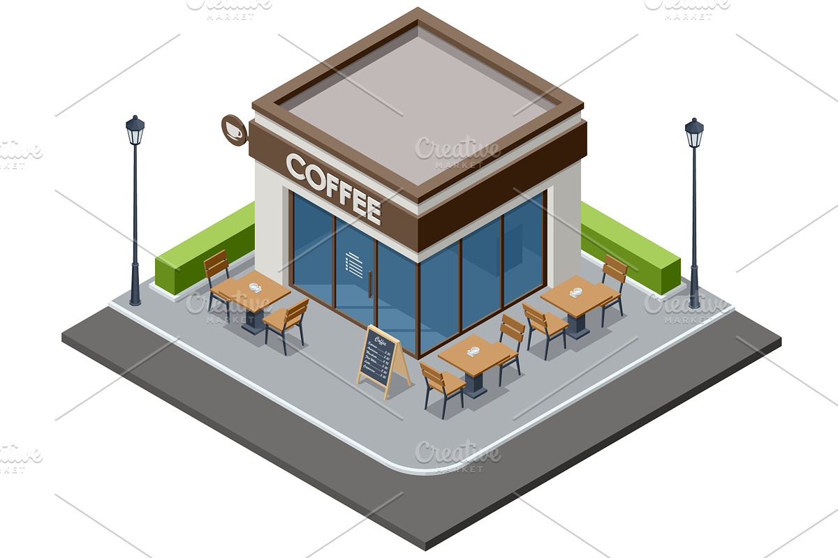 Street coffee shop corner. Isometric, an Object Illustration by Golden Sikorka