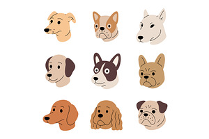 Cartoon dog heads set. Line art, an Animal Illustration by GraphiShop