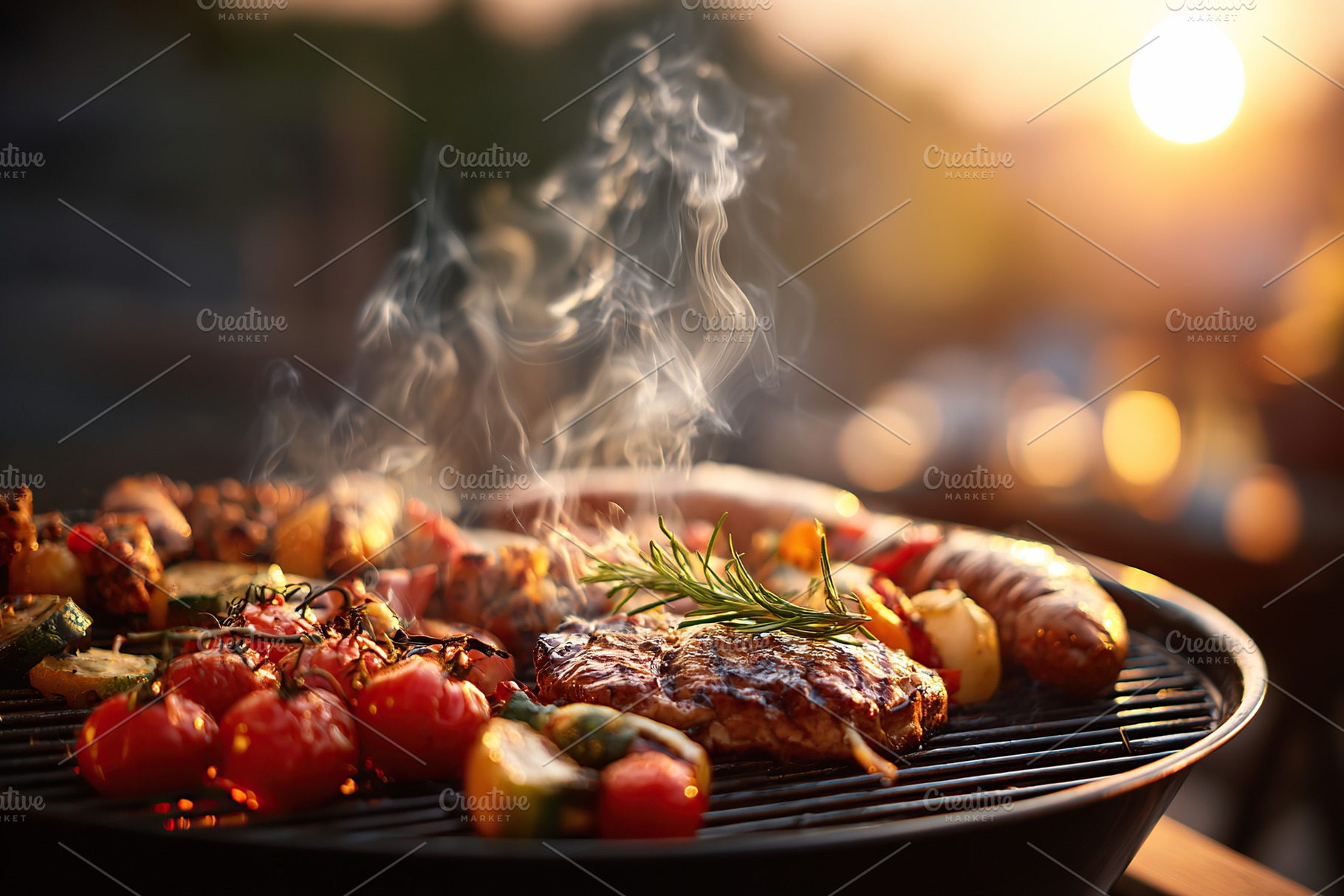 Grill smoking vegetables and meat at sunset during a summer barbecue gathering, a Food & Drink Photo by AlyaAnd