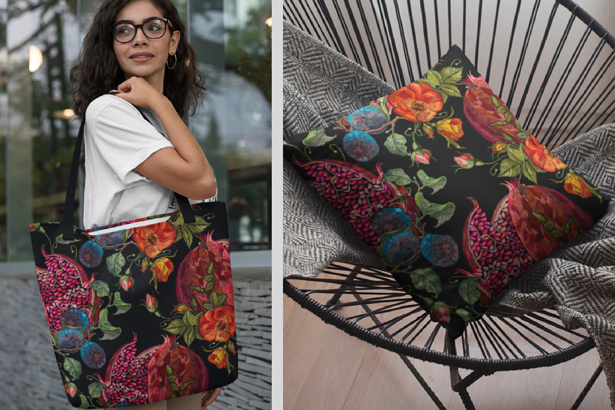 Pomegranate, plum,red roses flowers, a Pattern Graphic by Matrioshka (Photo 3 of 4)