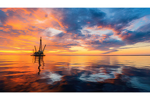 waters oil rig sunset ai generated, a Background Photo by pikepicture