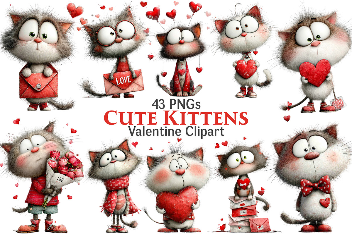 Watercolor Cute Valentines Kittens, an Illustration by Pixels.Craft (Photo 1 of 5)