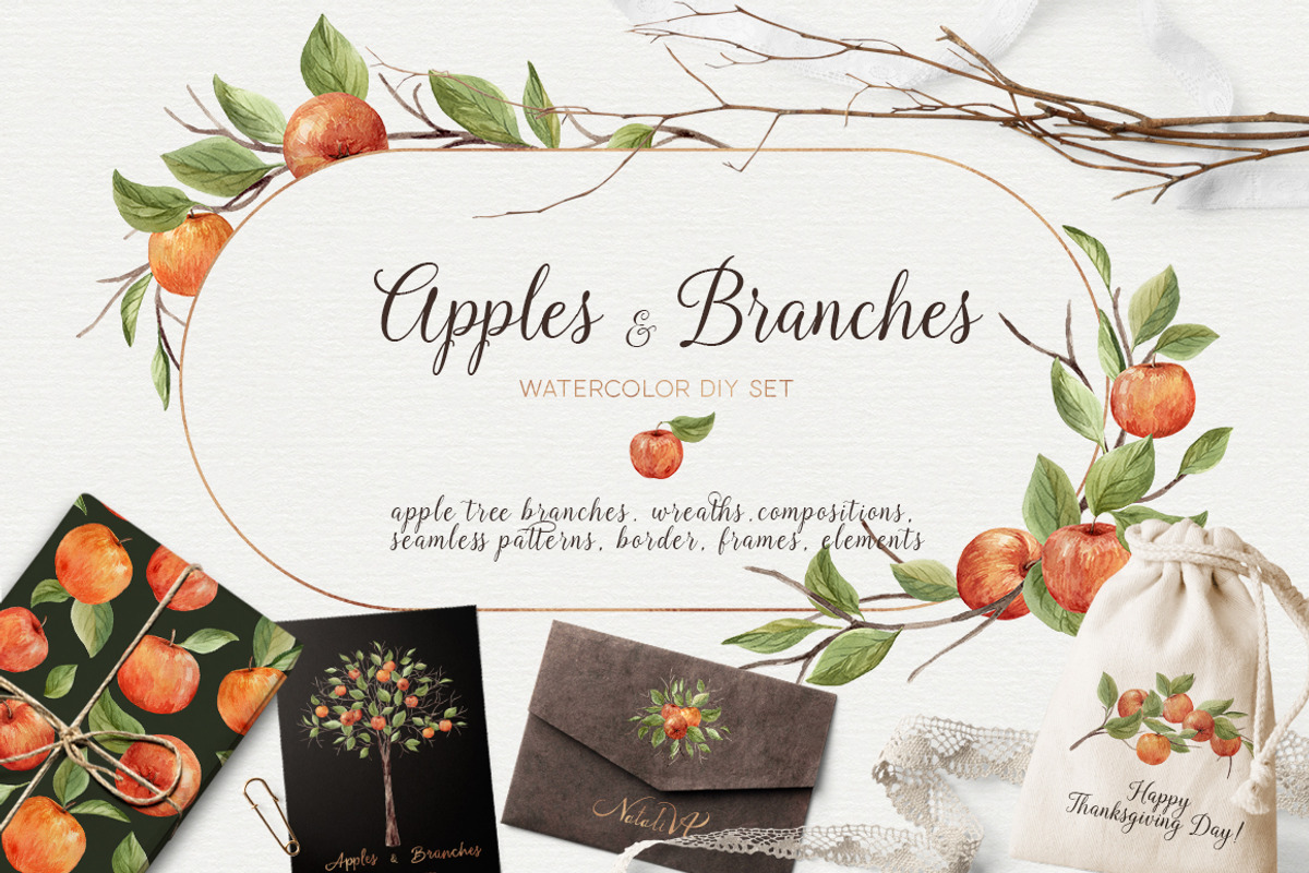 Apples and branches Watercolor set, an Illustration by NataliVA (Photo 1 of 9)