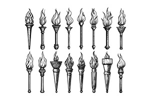 Torches engraving vector set. Flame, an Object Illustration by Valerie Bodnar