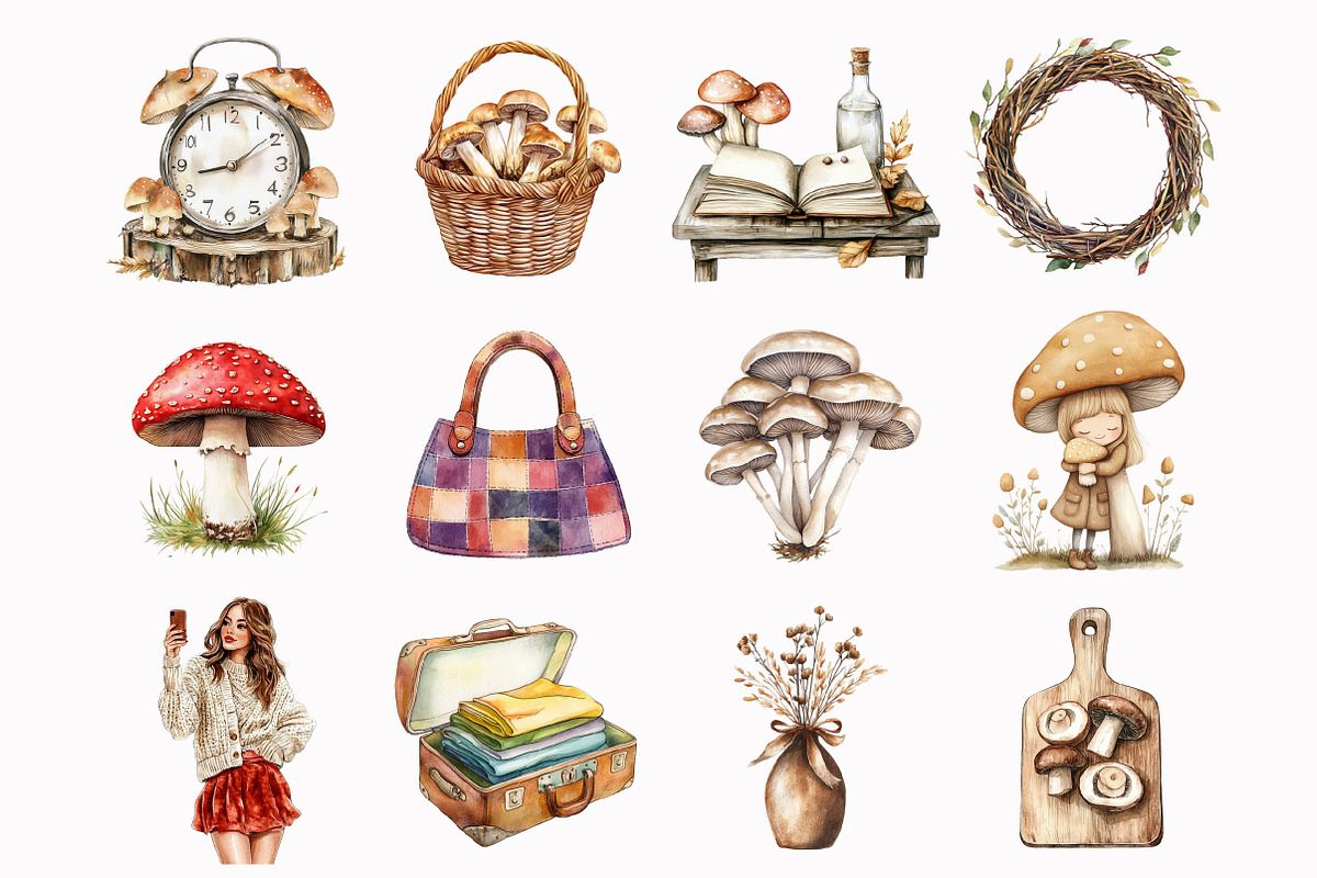 Watercolor Mushroom Garden Clipart, an Illustration by Design Market (Photo 2 of 5)
