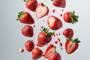Realistic strawberries flying in the, a Food & Drink Photo by Pixeness Studio