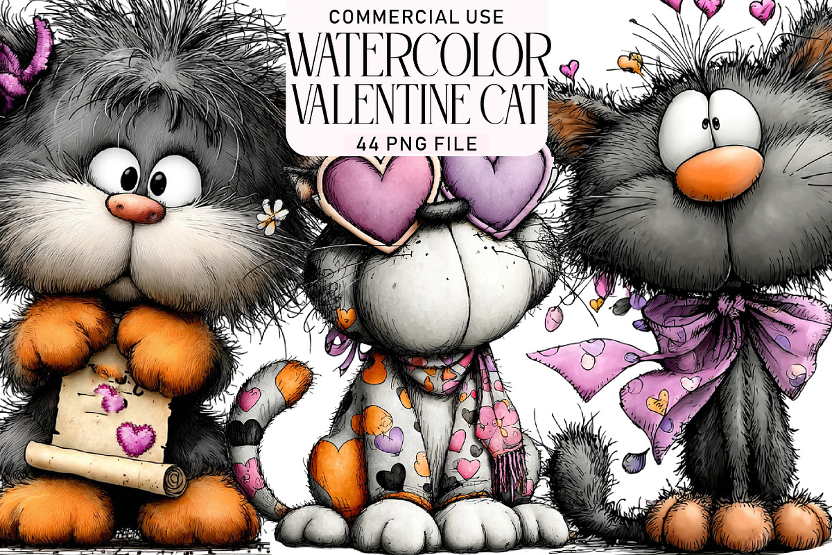 Watercolor Valentine Cat Clipart, an Illustration by Daily.Designs (Photo 1 of 5)