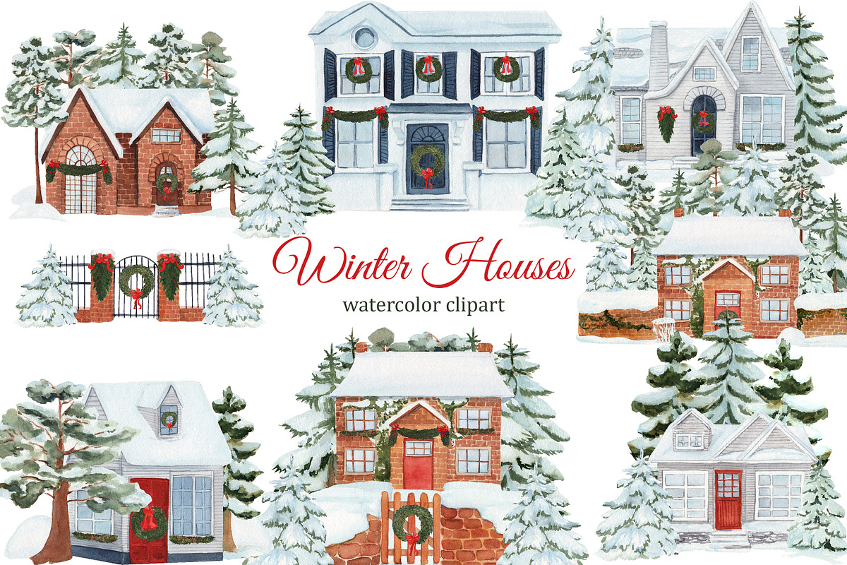 Watercolor Winter House Clipart, an Illustration by s.yanyeva (Photo 1 of 4)