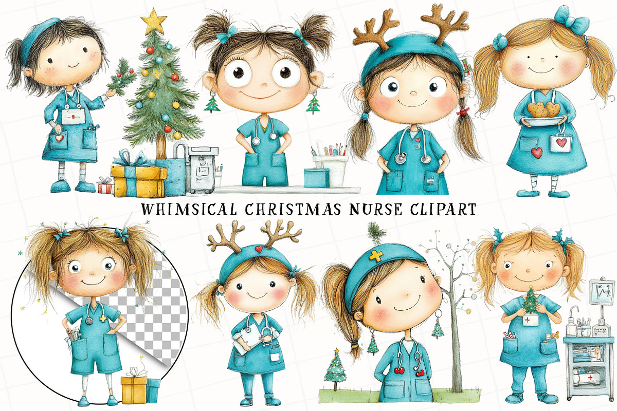 Whimsical Christmas Nurse Clipart, an Illustration by OK Design (Photo 3 of 6)
