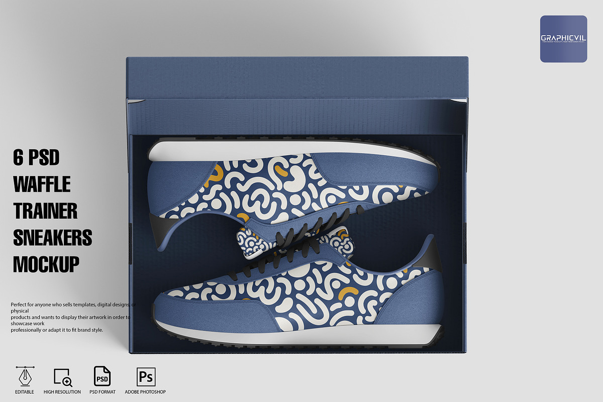 Trainer Sneakers Mockup, 6 PSD, an Advertising Mockup by GraphicVil (Photo 1 of 9)
