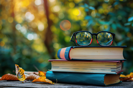 A stack of colorful books with a pair of glasses resting on top, surrounded by, a School & Education Photo by Textures & Backgrounds