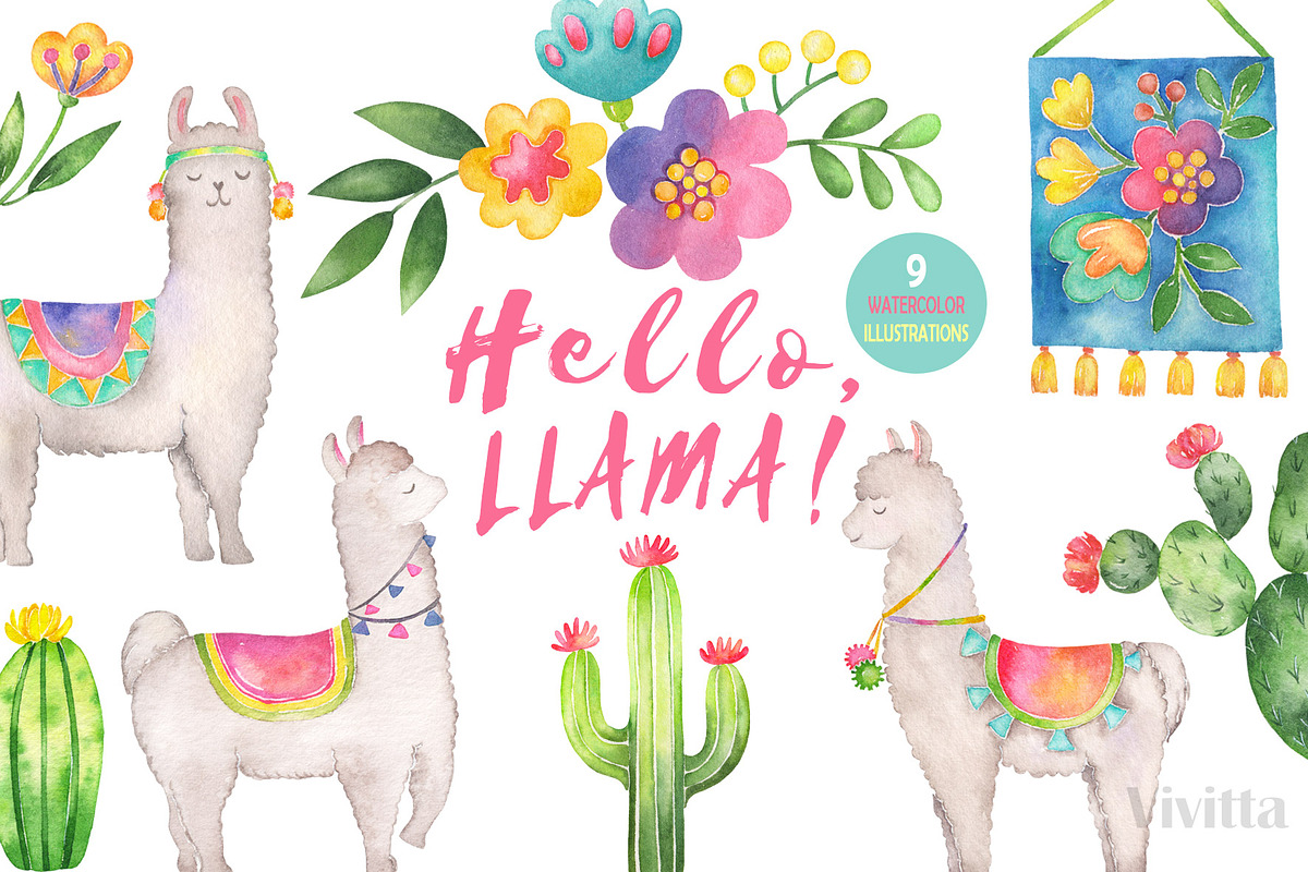 Hello, Llama watercolor clipart set, an Animal Illustration by Vivitta (Photo 1 of 4)