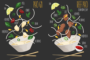 Pho Ga, Beef Pho. Vector