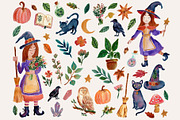 Cozy Autumn Witch Watercolor Clipart, a Seasonal Illustration by SandraGraphicDesign (Thumbnail 2 of 5)