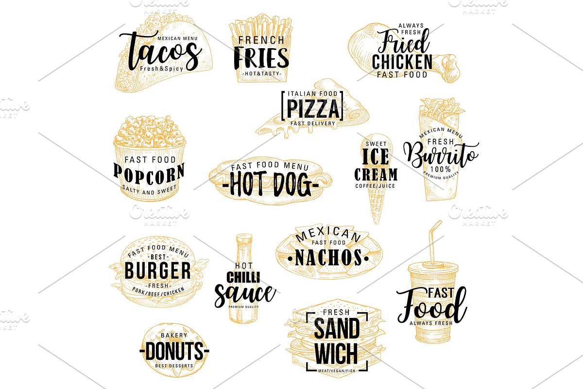 Fast food snacks lettering, a Food Illustration by Vector Tradition