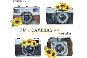 Watercolor Retro Camera Sunflowers