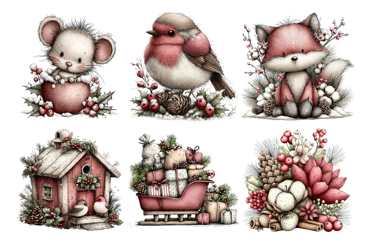 Rustic Woodland Christmas Clipart, a Seasonal Illustration by Creative Art (Photo 4 of 7)