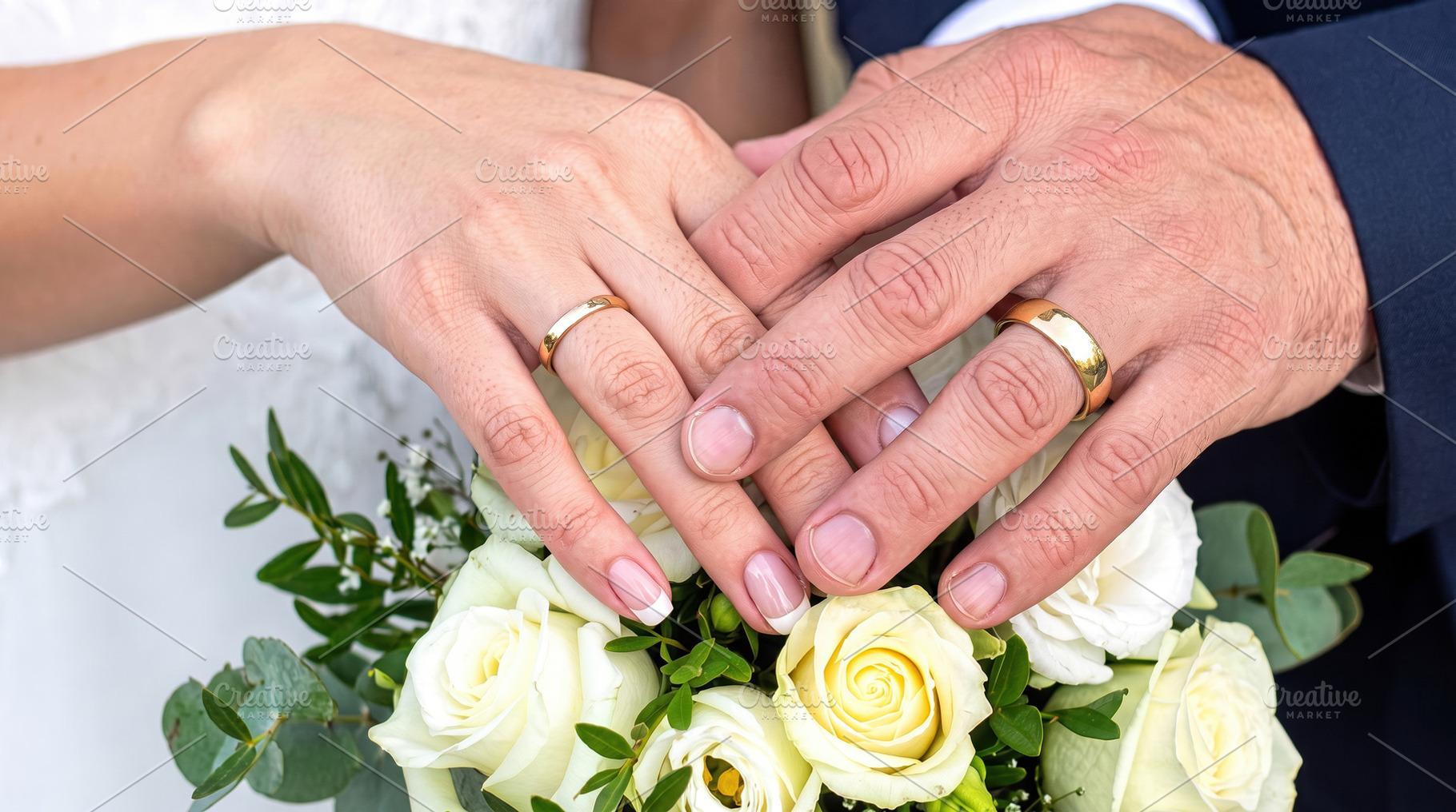 Wedding Rings on Couple Hands with White Roses, a Person Photo by Davizro's Market