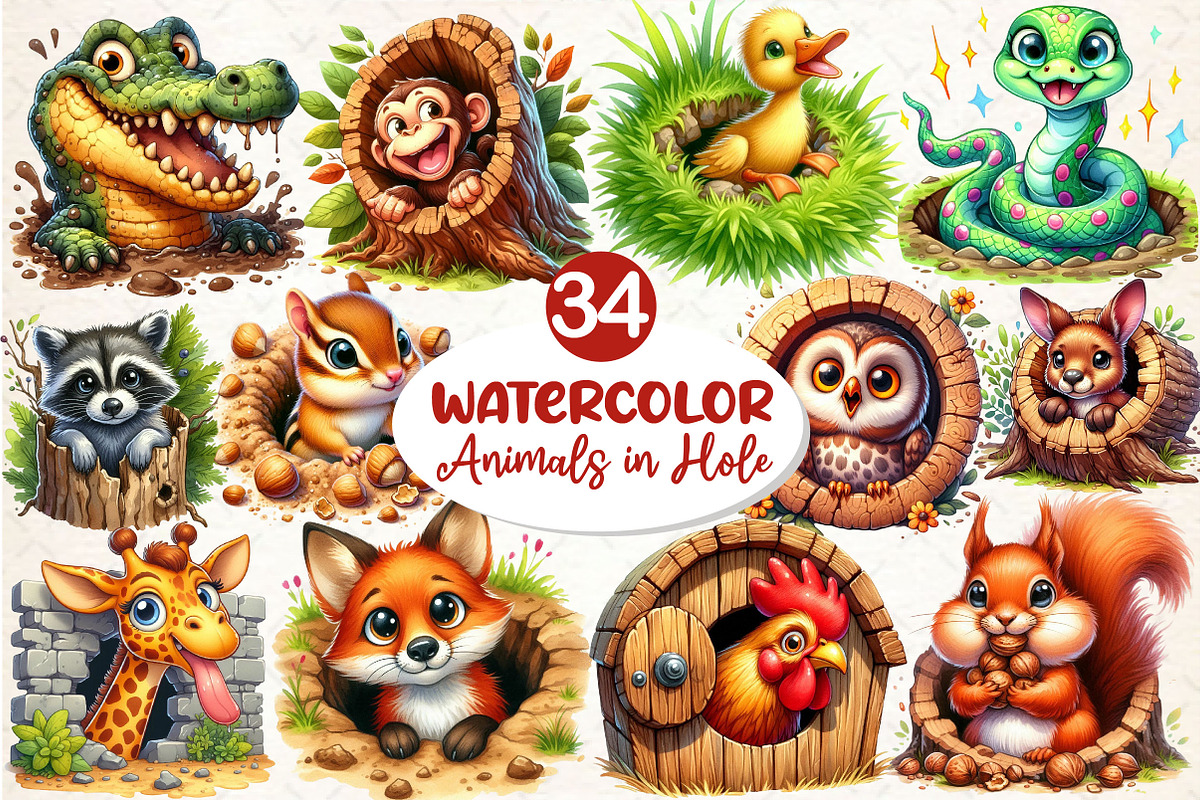 Funny Animals in Hole Clipart, an Illustration by Dream Creation (Photo 1 of 4)