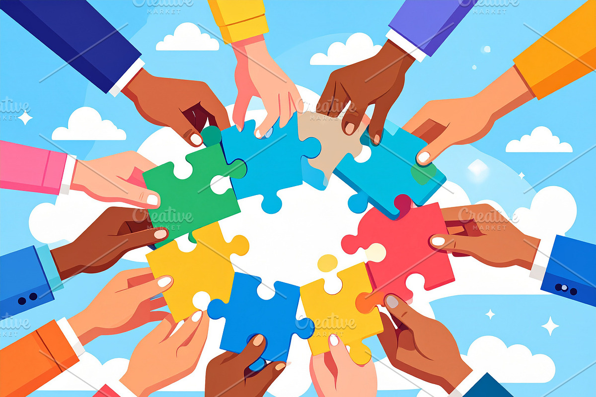 Illustration of hands assembling a mosaic of interlocking puzzle, a Person Illustration by DanFLCreativo