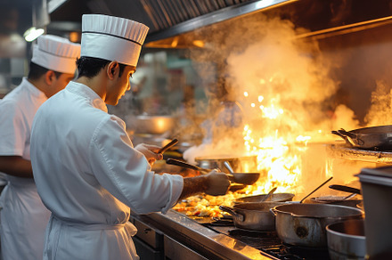 Chef cooking in a busy restaurant, a Photo by Pavel_design