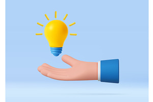 3D cartoon hand holding a light bulb, a Technology Illustration by ModVector
