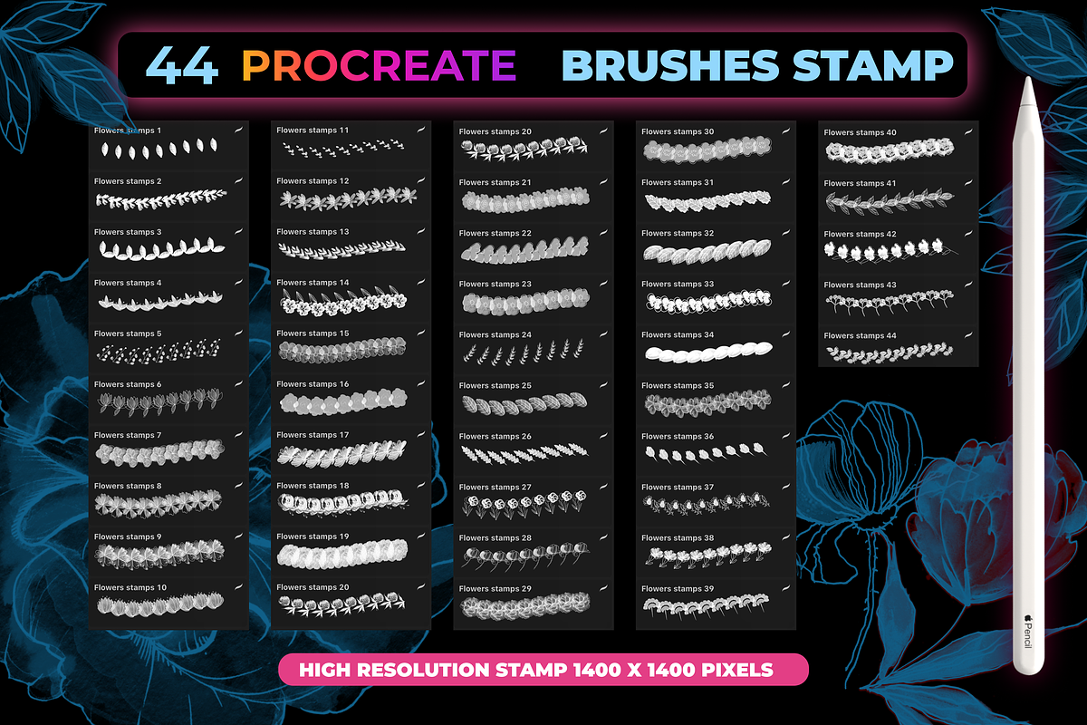 44 Flower Brush Stamps Procreate, a Brush Add-On by Graphics Resources (Photo 2 of 8)