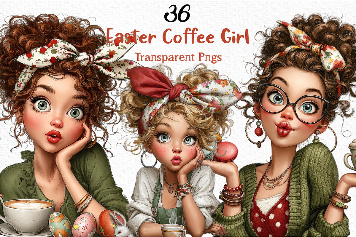 Whimsical Easter Coffee Girl Clipart, an Illustration by Craft Nest (Photo 1 of 12)