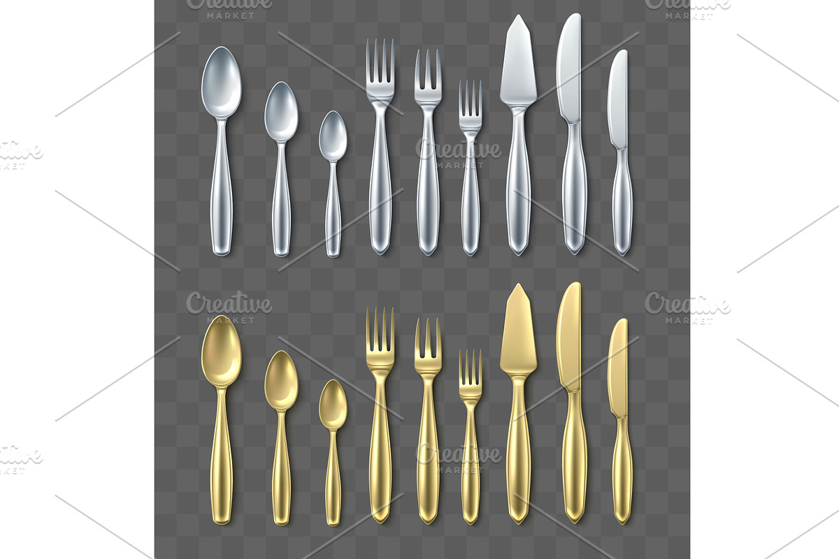 Gold and silver cutlery. Realistic, a Food Illustration by Vectorbuum