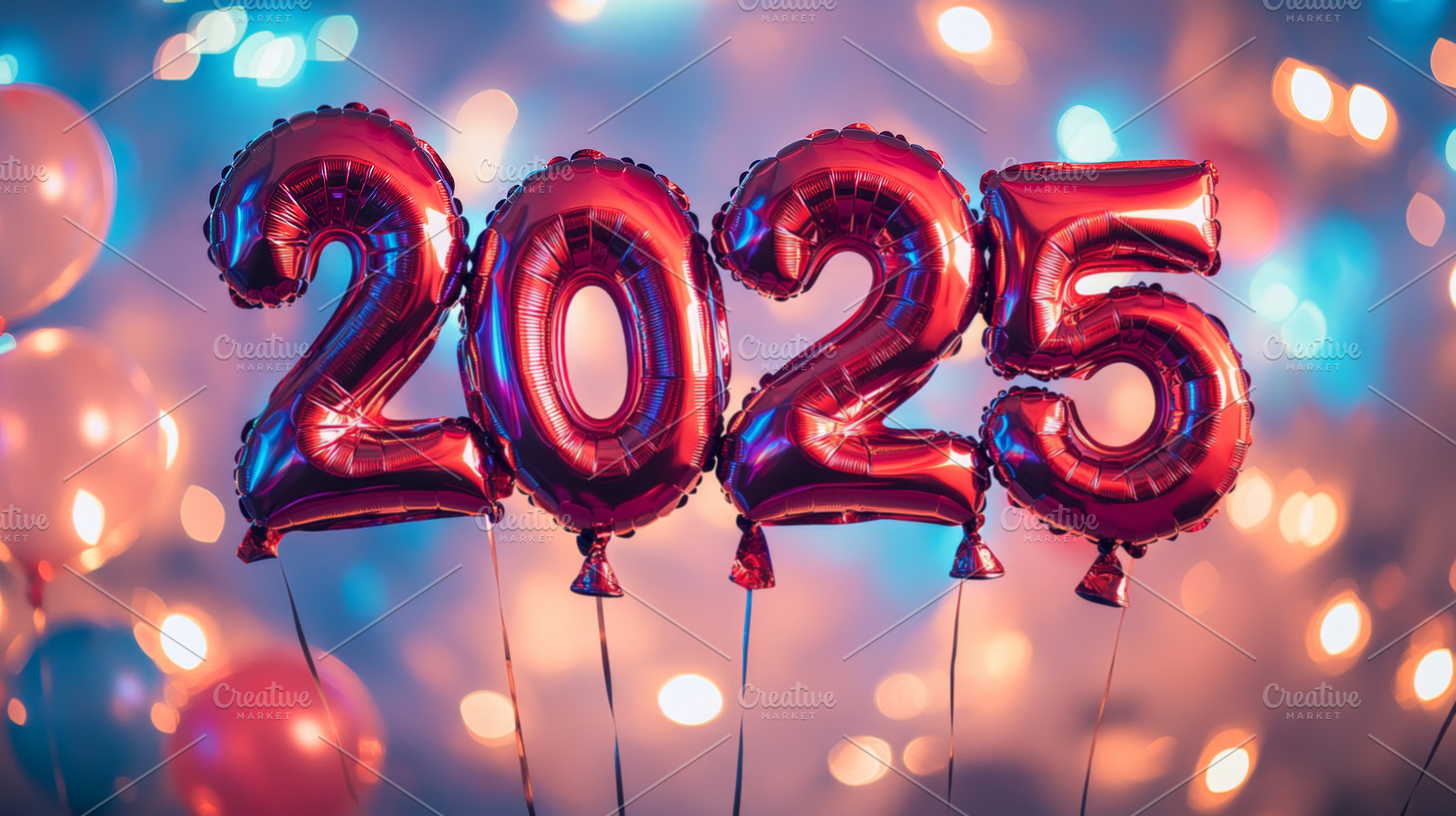 Red 2025 Balloons with Festive Lights and Sparkles, an Abstract Photo by Natalia Klenova's Shop