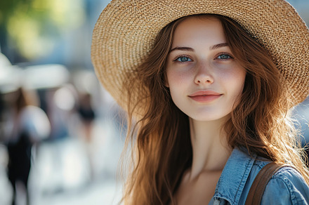 Woman wearing a straw hat walks through a bustling city street during a sunny d, a Person Photo by AlyaAnd
