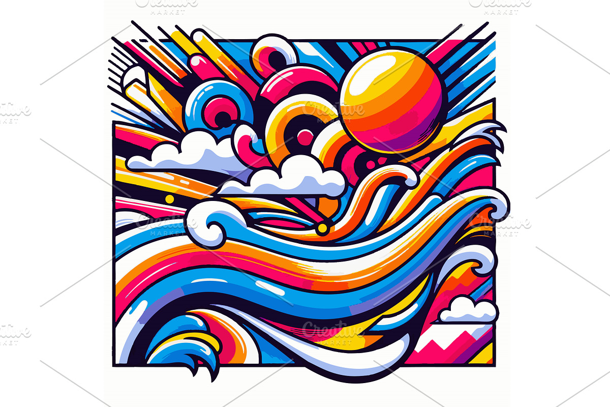 psychedelic ocean waves sun vector, an Illustration by AlexArt