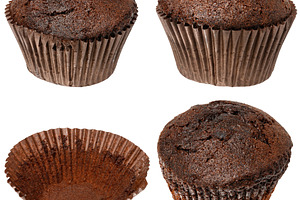 Collage of three chocolate muffins in paper cups and one empty p, a Food & Drink Photo by ndanko