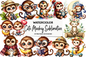 Cute Monkey Sublimation Clipart, an Illustration by DreamArtGraphic