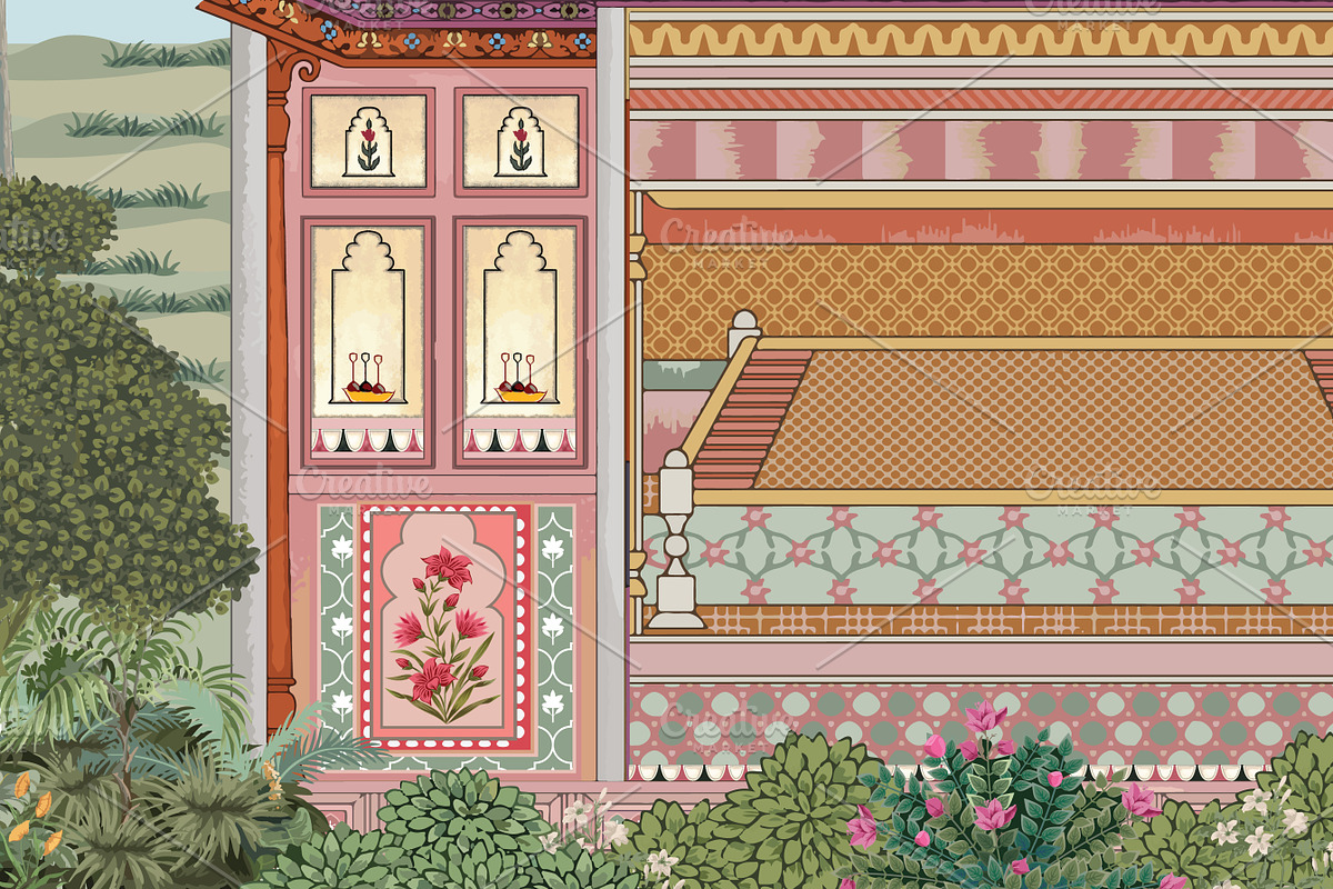 Mughal Miniature Palace Artwork, a Decorative Illustration by Mughal Wallpaper (Photo 2 of 5)