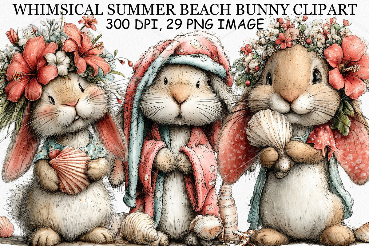 Whimsical Summer Beach Bunny Clipart, an Illustration by Canvas Craft (Photo 1 of 7)