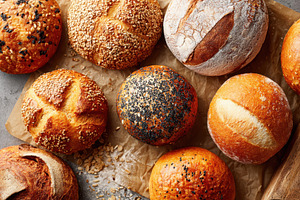 Assorted freshly baked bread loaves, a Food & Drink Photo by AlyaAnd