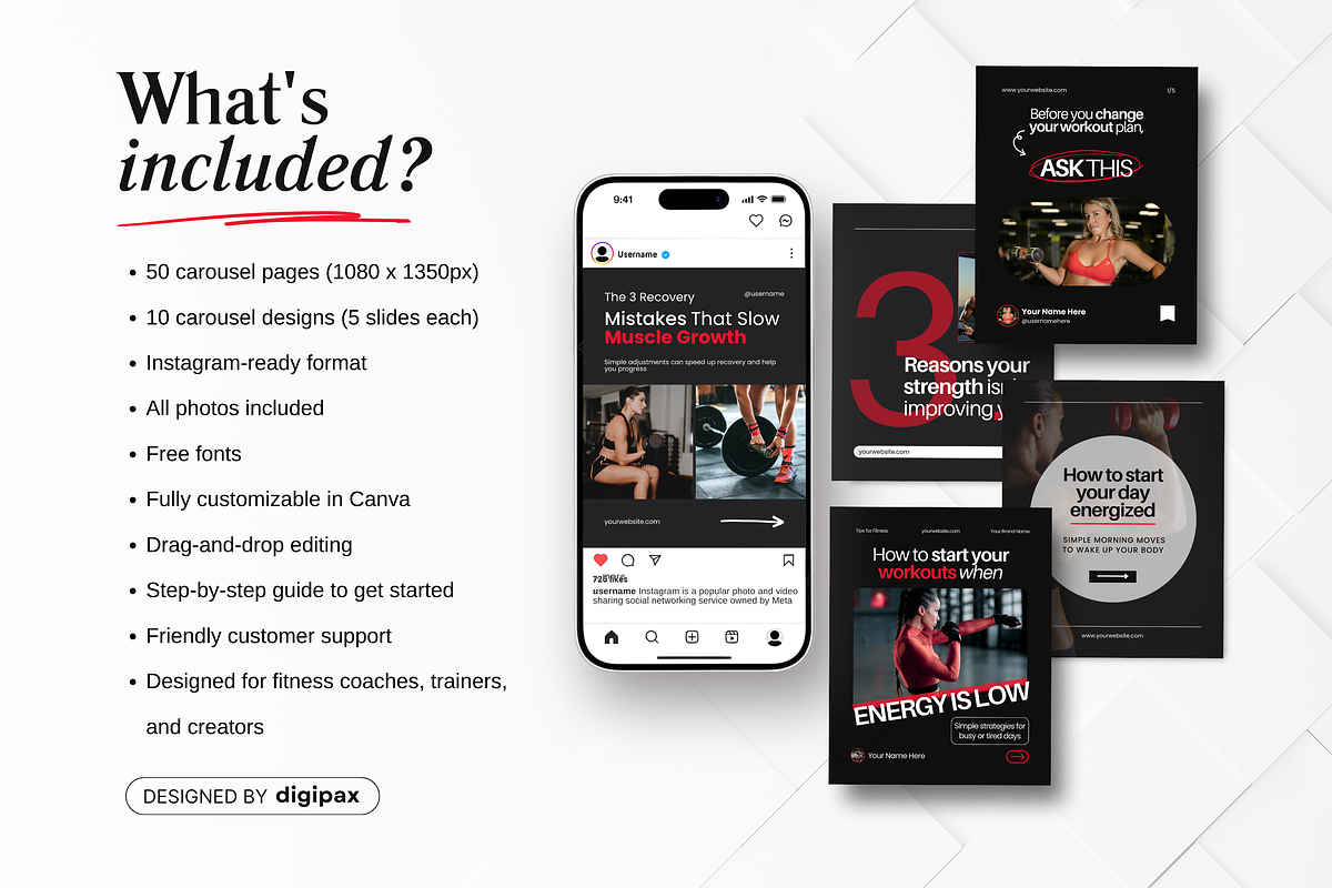 Fitness Carousel Instagram Posts Red, a Social Media Template by DigiPax (Photo 2 of 11)
